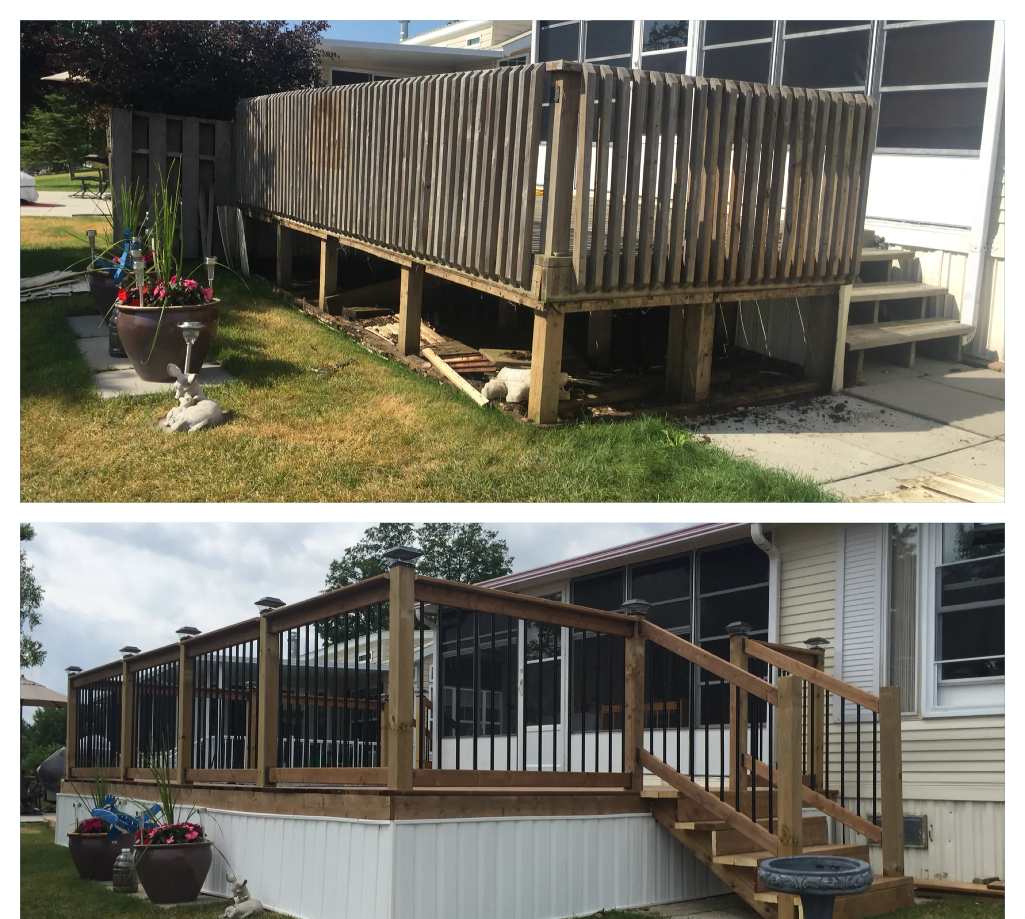 Deck railing and stairs, before and after