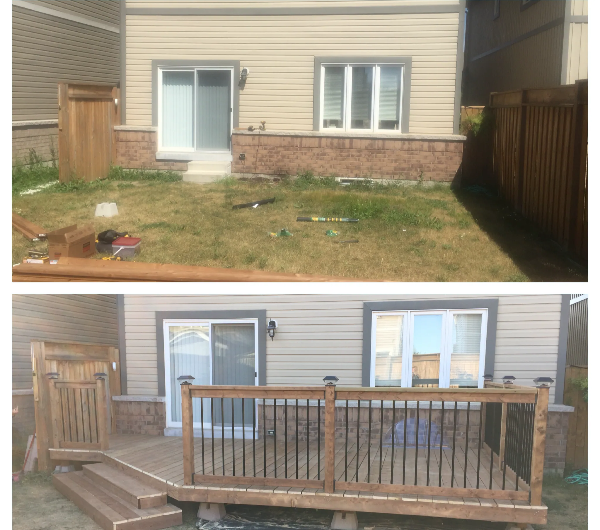 New deck outside sliding doors, before and after