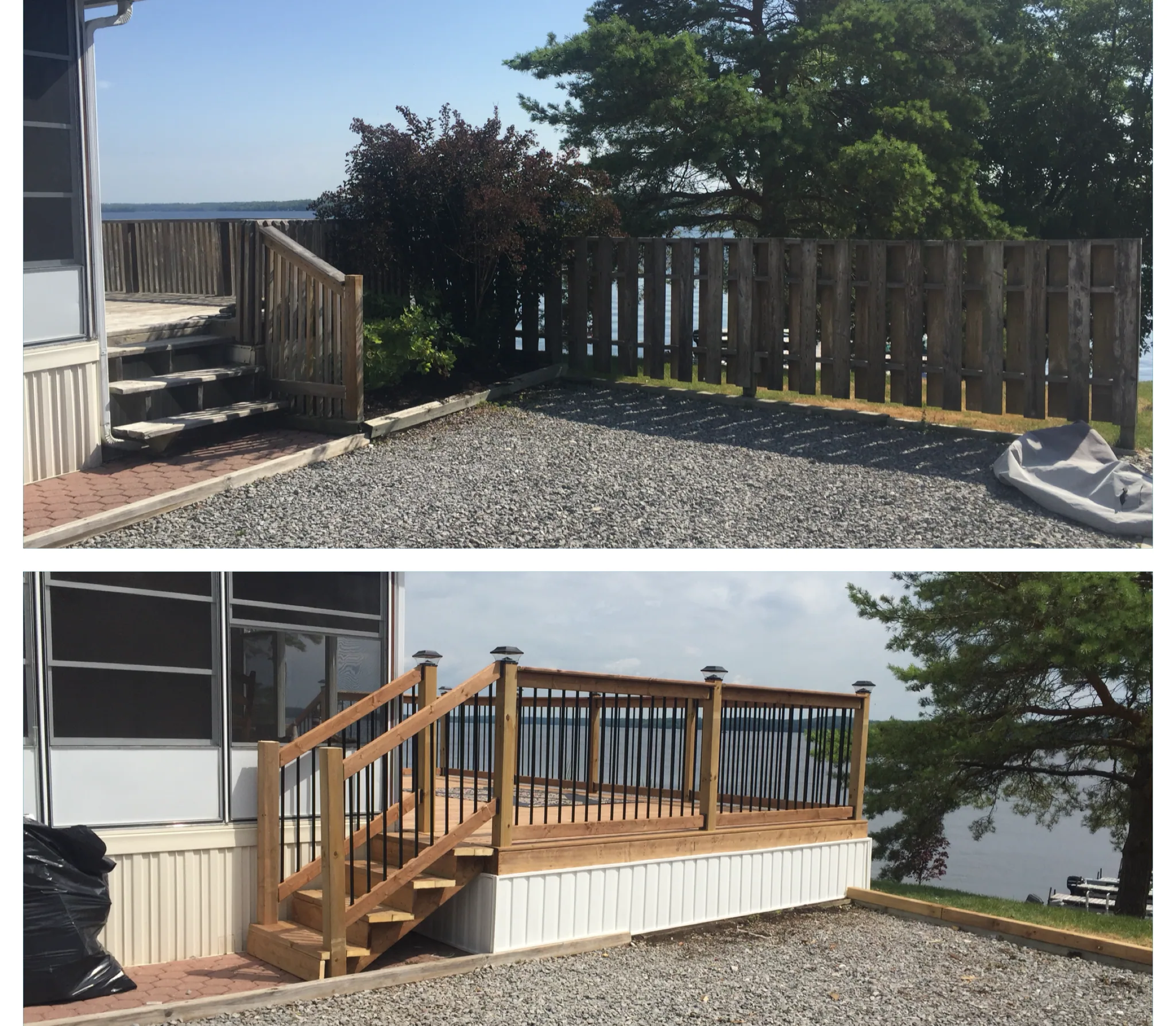 Lakeside deck and stairs, before and after