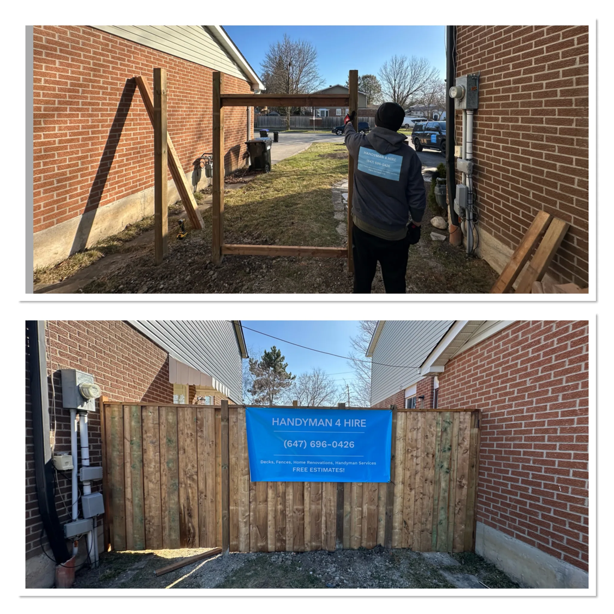 Wood gate during construction and after completion