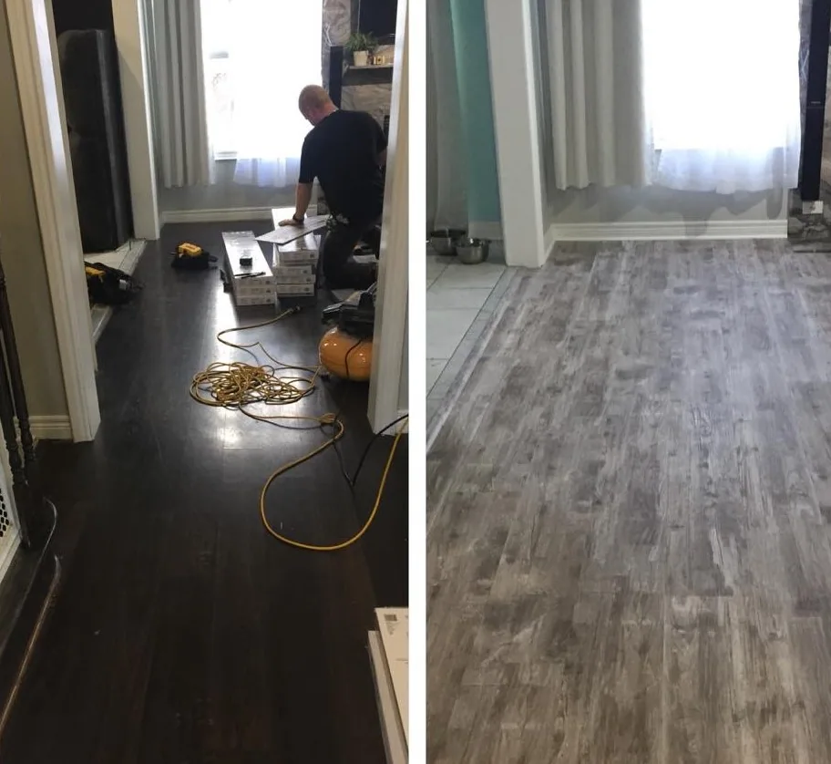 Room flooring replacement, before and after