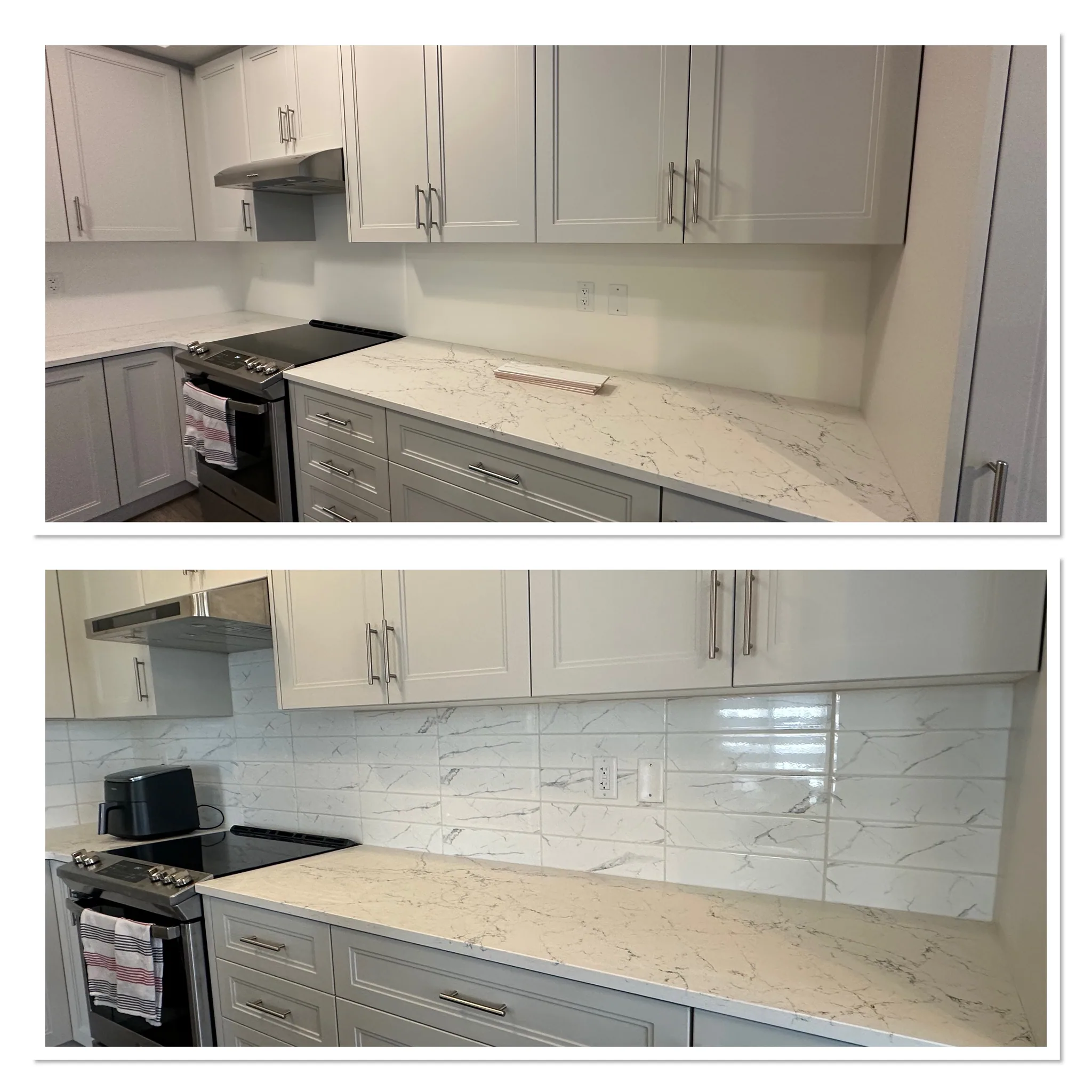 Kitchen wall before and after a marble-look tile backsplash