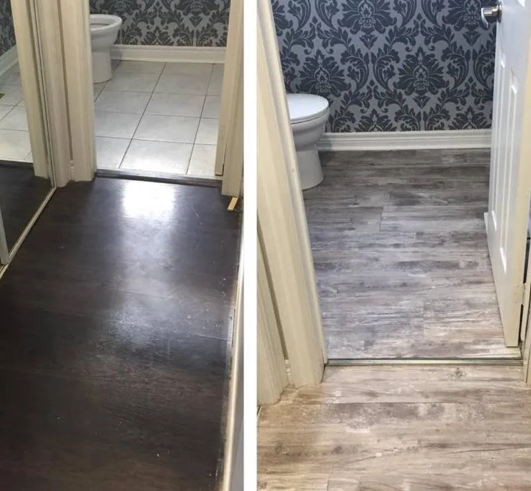 Bathroom and hallway floors before and after new wood-look flooring